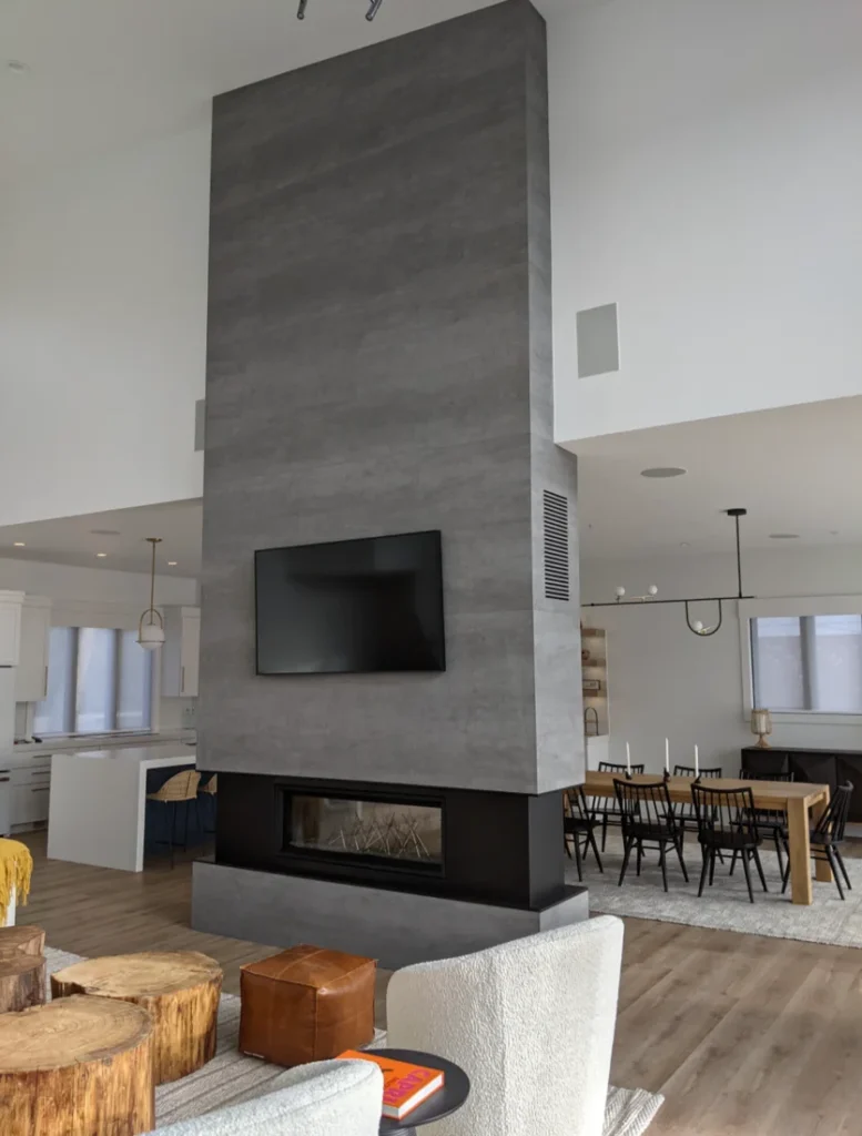 Diamond tile fireplace inside home in indiana